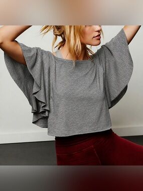 Free People Gray Ruffle-Sleeve Cropped Top